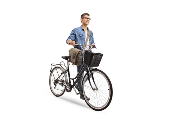 Retrato Completo Joven Empujando Una Bicicleta Aislada Sobre Fondo Blanco —  Fotos de Stock