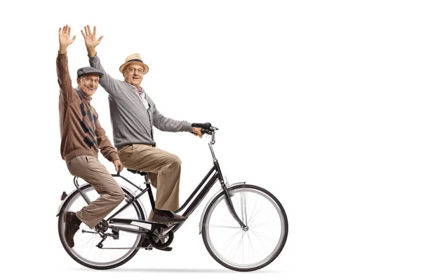Пожилые Люди Едут Велосипеде Машут Камеру Изолированы Белом Фоне — стоковое фото