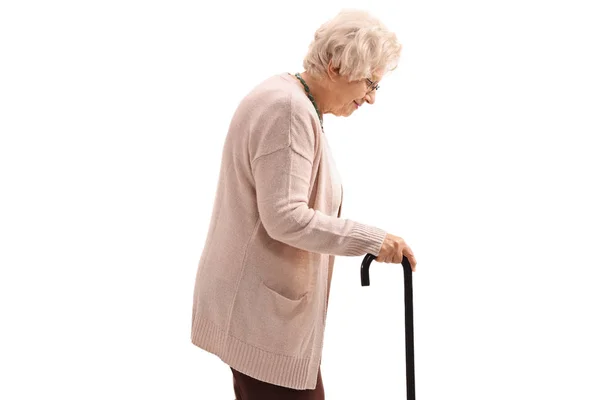 Ηλικιωμένη Γυναίκα Ένα Ζαχαροκάλαμο Που Απομονώνονται Λευκό Φόντο — Φωτογραφία Αρχείου