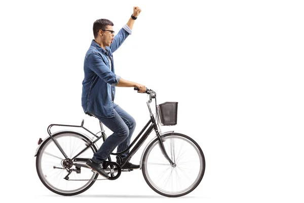 Junger Mann Fährt Fahrrad Und Gestikuliert Auf Weißem Hintergrund Vereinzelt — Stockfoto