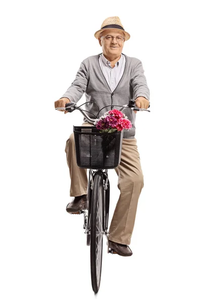 Mature Man Riding Bicycle Camera Isolated White Background — Stock Photo, Image