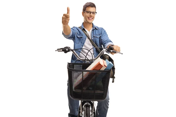 Junger Mann Auf Einem Fahrrad Macht Ein Daumen Hoch Zeichen — Stockfoto