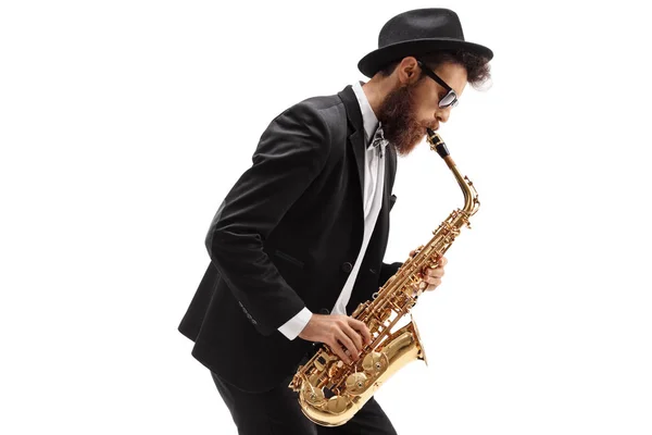 Man Speelt Een Saxofoon Geïsoleerd Witte Achtergrond — Stockfoto