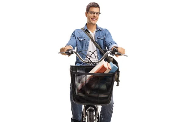 Genç Adam Beyaz Arka Plan Üzerinde Izole Bir Bisiklet Sürme — Stok fotoğraf