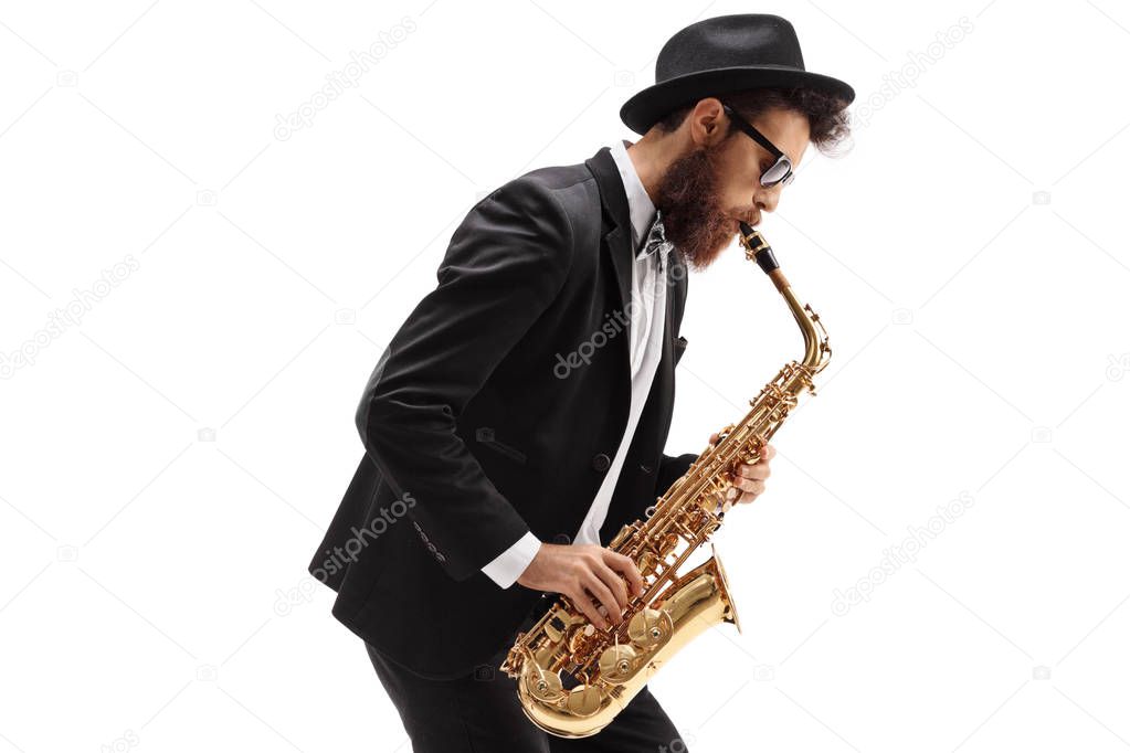 Man playing a saxophone isolated on white background