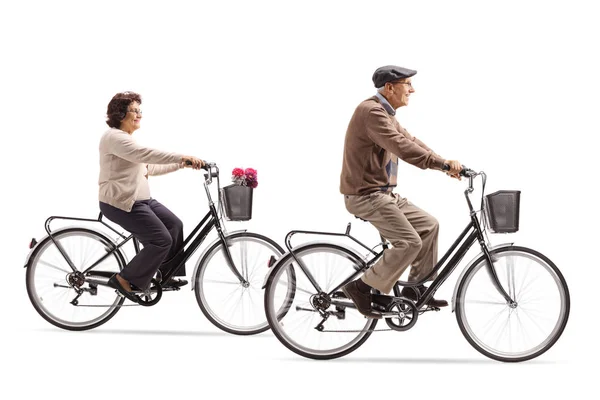 Mujer Anciana Anciano Que Monta Bicicletas Aisladas Sobre Fondo Blanco — Foto de Stock