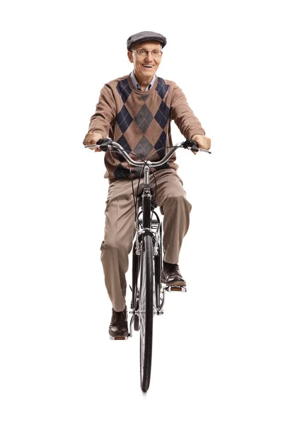 Yaşlı Adam Beyaz Arka Plan Üzerinde Izole Bir Bisiklet Sürme — Stok fotoğraf