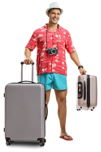 在白色背景下被隔绝的手提箱的一个旅行者的全长画像 — 图库照片