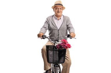 Beyaz arka plan üzerinde izole bir bisiklet sürme Olgun adam