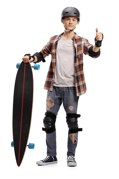 Ganzes Porträt Eines Jugendlichen Skaters Mit Schutzausrüstung Und Longboard Der — Stockfoto
