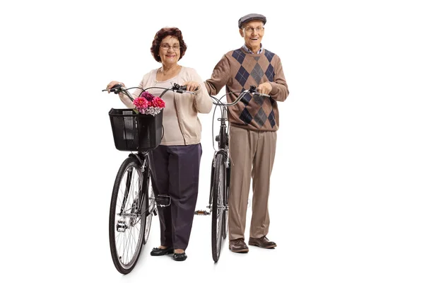 Ritratto Figura Intera Uomo Anziano Una Donna Anziana Con Biciclette — Foto Stock