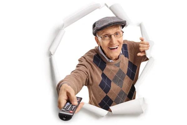 Elderly Man Remote Control Breaking Paper — Stock Photo, Image