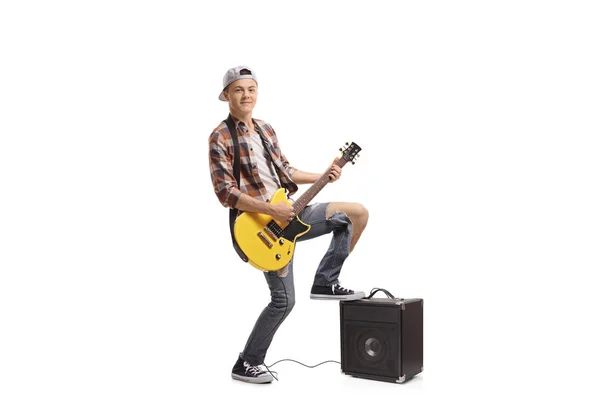 Full Length Portrait Teenager Playing Electric Guitar Isolated White Background — Stock Photo, Image