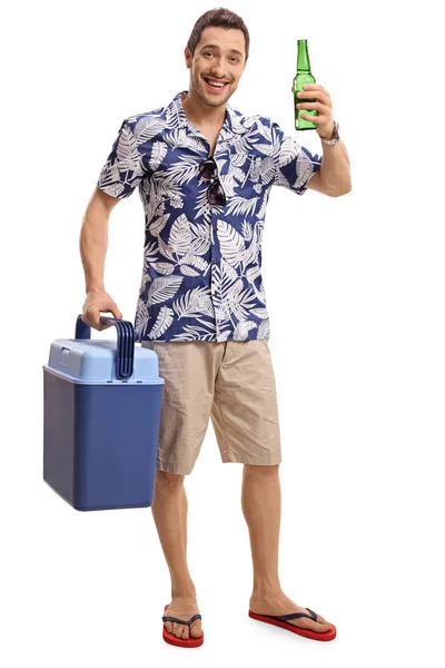 Full Length Portrait Tourist Cooling Box Bottle Beer Isolated White — Stock Photo, Image