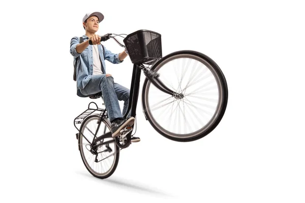 Teenager Doing Wheelie Bicycle Isolated White Background — Stock Photo, Image
