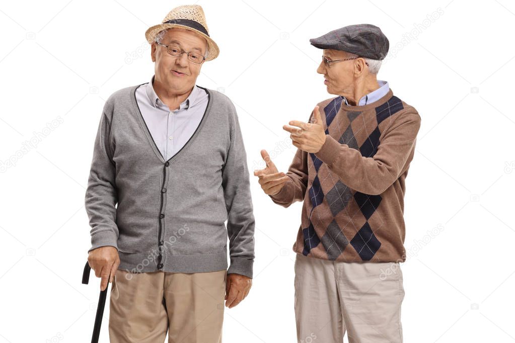 Seniors having a conversation isolated on white background