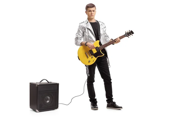 Full Length Portrait Teenager Electric Guitar Amplifier Isolated White Background — Stock Photo, Image