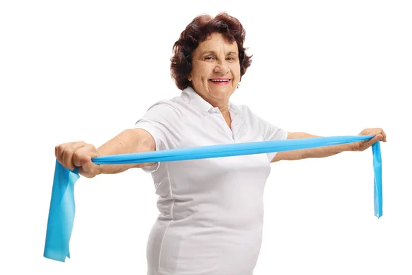 Senior Lady Exercising Rubber Band Isolated White Background — Stock Photo, Image