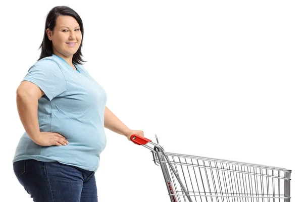 Mujer Joven Con Carrito Compras Aislado Sobre Fondo Blanco — Foto de Stock