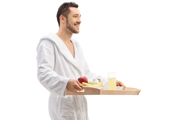 Mann Bademantel Mit Tablett Auf Weißem Hintergrund — Stockfoto