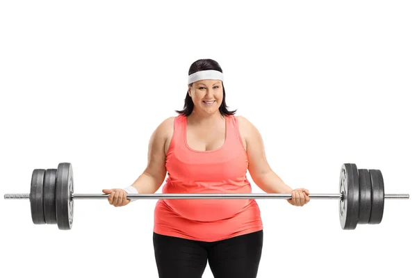 Overgewicht Vrouw Opheffing Van Een Barbell Geïsoleerd Witte Achtergrond — Stockfoto