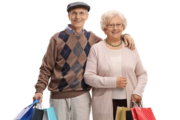 Anziani Con Borse Della Spesa Isolate Sfondo Bianco — Foto Stock