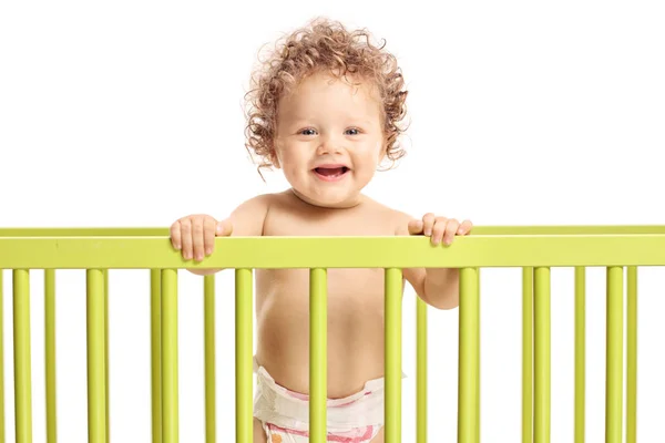Baby Boy Cot Bed Looking Camera Smiling Isolated White Background — Stock Photo, Image