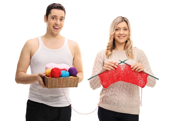 Young Man Young Woman Knitting Together Isolated White Background — Stock Photo, Image