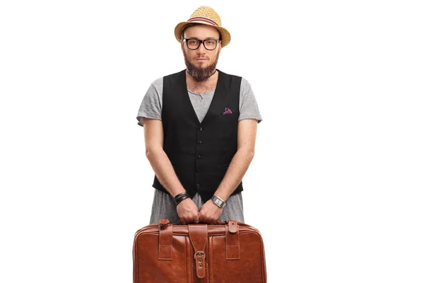 Hipster Avec Une Valise Isolée Sur Fond Blanc — Photo