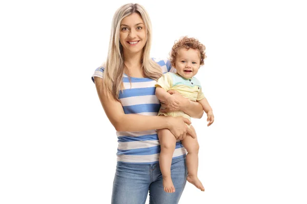 Jovem Mãe Segurando Seu Bebê Menino Isolado Fundo Branco — Fotografia de Stock