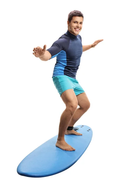 Volledige Lengte Portret Van Een Surfer Surfen Een Surfplank Geïsoleerd — Stockfoto