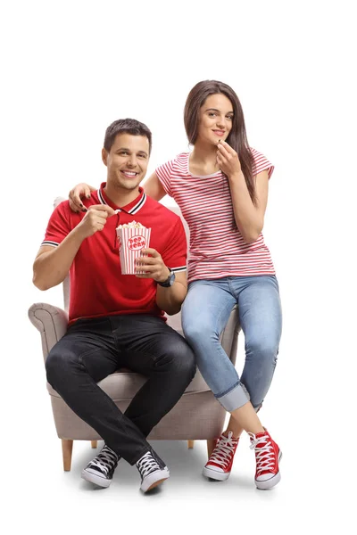 Young Couple Sitting Armchair Having Popcorn Isolated White Background — Stock Photo, Image