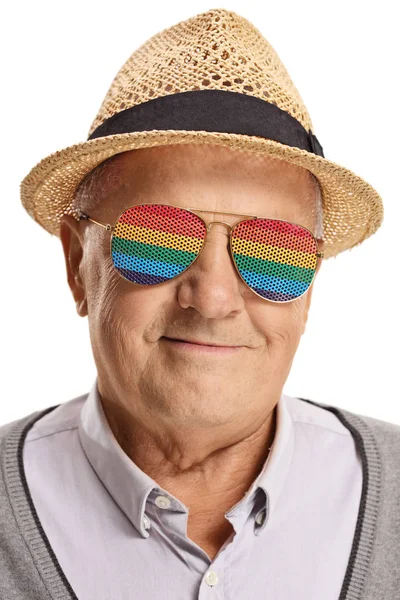 Close Mature Man Wearing Pair Rainbow Glasses Isolated White Background — Stock Photo, Image