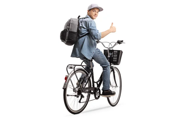 Adolescente Montando Una Bicicleta Sosteniendo Pulgar Hacia Arriba Aislado Sobre — Foto de Stock