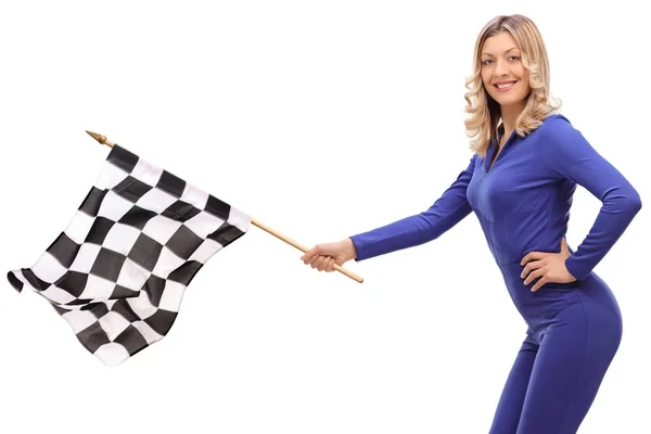 Jonge Vrouw Een Race Suit Zwaaien Vlag Van Een Geruite — Stockfoto