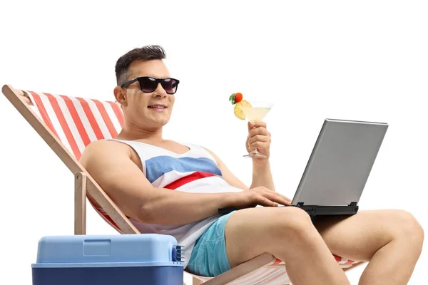 Young Man Laptop Cocktail Sitting Deck Chair Isolated White Background — Stock Photo, Image