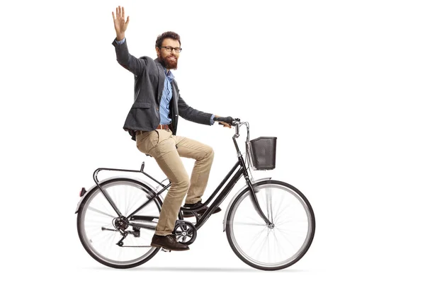 胡子男子骑自行车和挥舞着相机在白色背景下隔离 — 图库照片