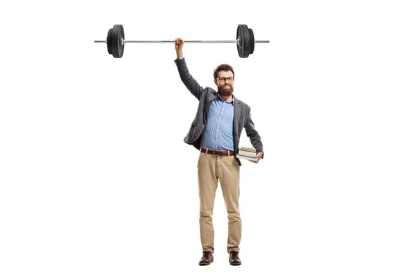 Full Length Portrait Professor Lifting Barbell One Hand Isolated White — Stock Photo, Image