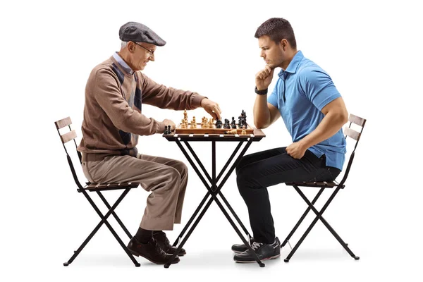 Elderly Man Young Guy Playing Game Chess Isolated White Background — Stock Photo, Image