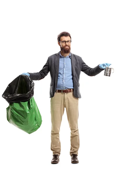 Retrato Completo Joven Con Una Bolsa Basura Una Lata Aislada — Foto de Stock