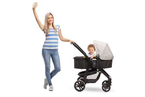 Full Length Portrait Young Mother Baby Boy Stroller Waving Camera — Stock Photo, Image