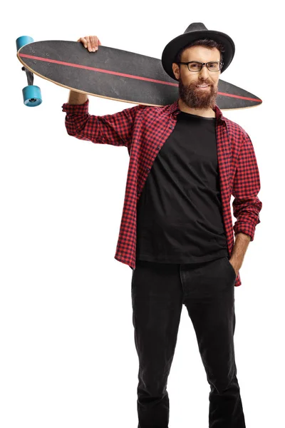 Hipster Avec Longboard Isolé Sur Fond Blanc — Photo