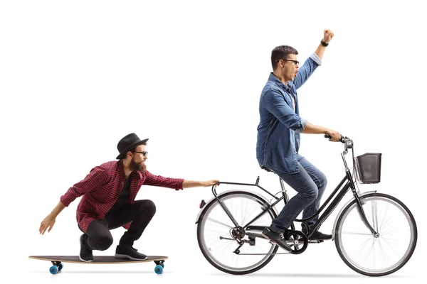 Young Man Bicycle Pulling Hipster Longboard Isolated White Background — Stock Photo, Image