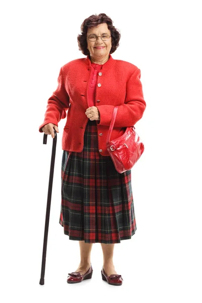 Volledige Lengte Portret Van Een Senior Dame Een Rood Pak — Stockfoto