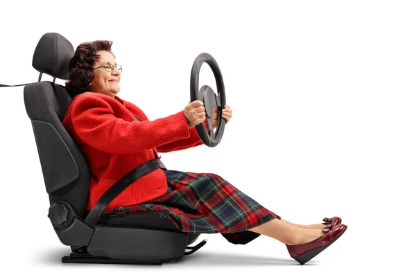 Mature Woman Seated Car Seat Driving Isolated White Background — Stock Photo, Image