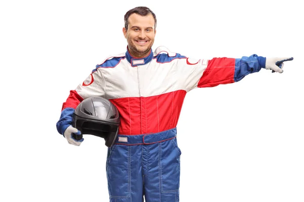 Piloto Corrida Segurando Capacete Apontando Isolado Fundo Branco — Fotografia de Stock