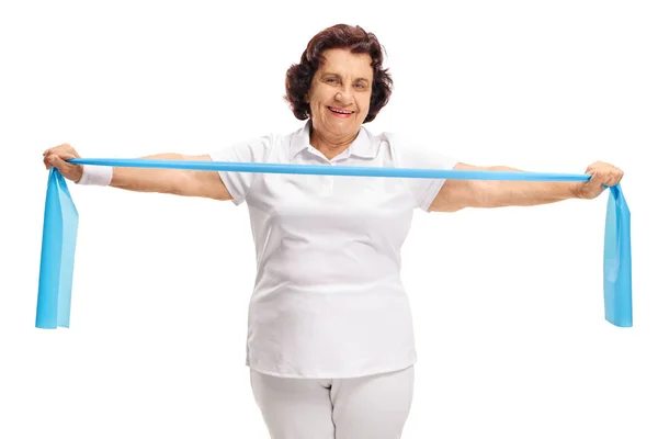 Elderly Woman Exercising Rubber Band Isolated White Background — Stock Photo, Image