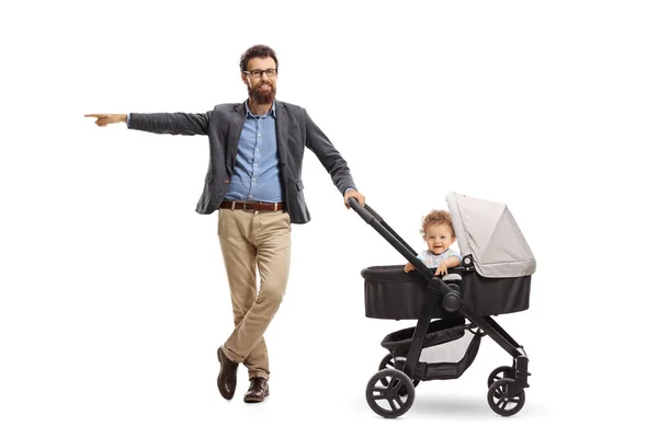 Full Length Portrait Father Baby Boy Stroller Pointing Isolated White — Stock Photo, Image