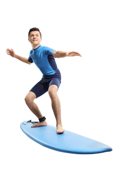 Full Length Portrait Teenage Boy Surfing Isolated White Background — Stock Photo, Image