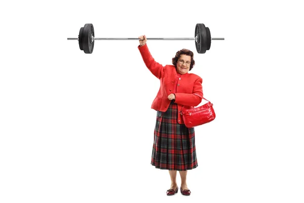 Full Length Portrait Senior Lady Lifting Barbell One Hand Isolated — Stock Photo, Image